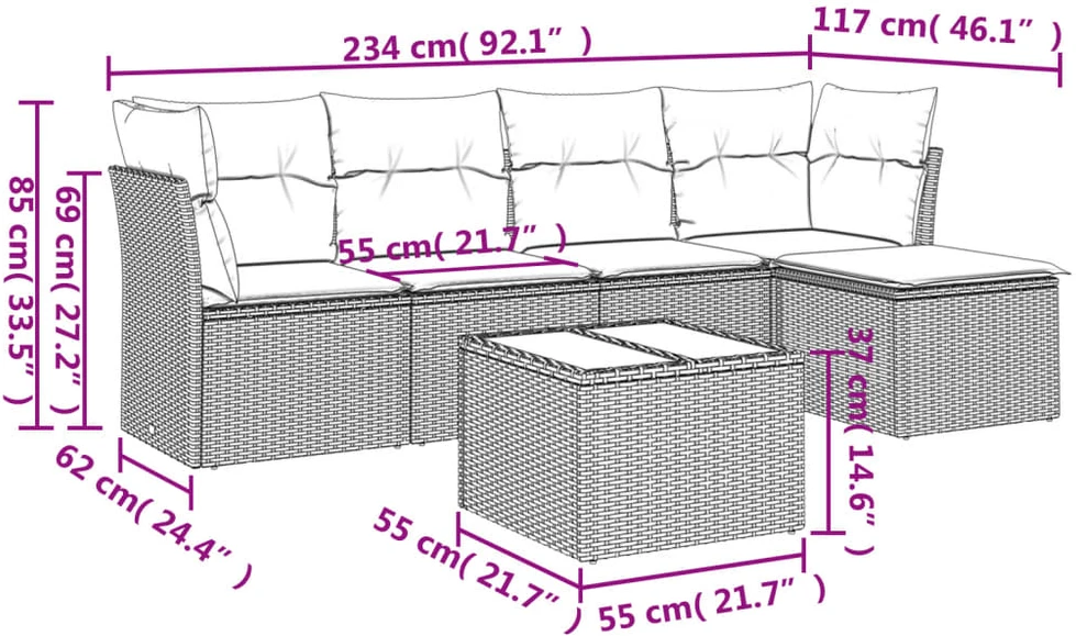 Sofa Sofos komplektas su pagalvėlėmis, 6 dalių, pilkas, poliratanas