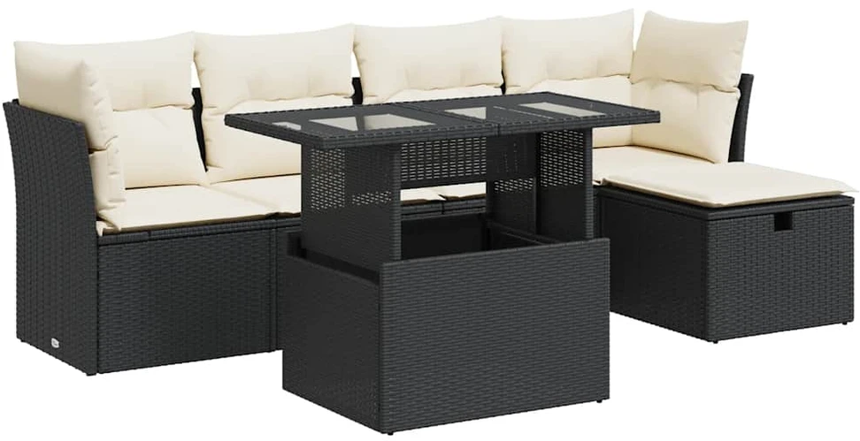 Sofa Sofos komplektas su pagalvėlėmis, 6 dalių, juodas, poliratanas