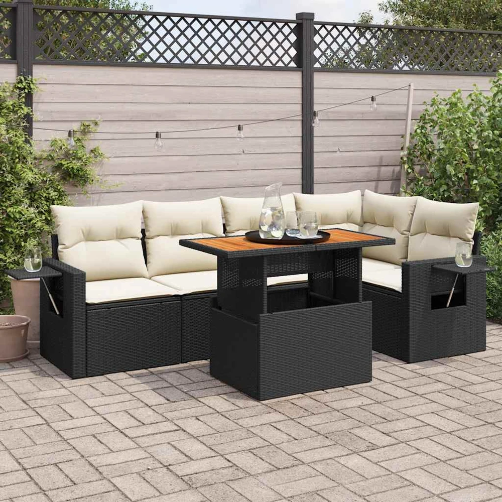 Sofa Sofos komplektas su pagalvėlėmis, 6 dalių, juodas, poliratanas