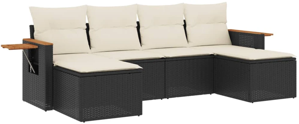 Lauko baldų komplektas Sofos komplektas su pagalvėlėmis, 6 dalių, juodas, poliratanas
