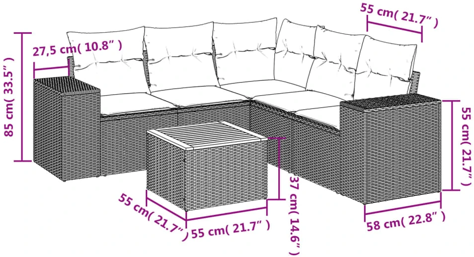 Sofa Sofos komplektas su pagalvėlėmis, 6 dalių, juodas, poliratanas
