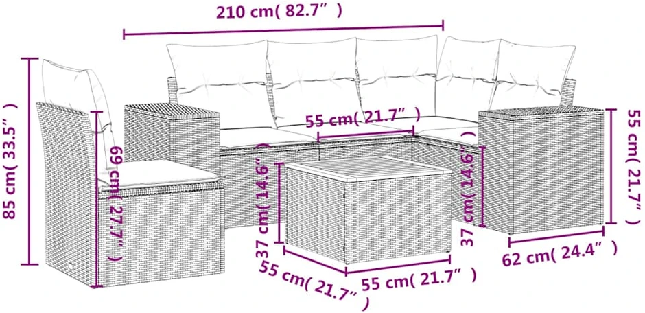 Sofa Sofos komplektas su pagalvėlėmis, 6 dalių, juodas, poliratanas