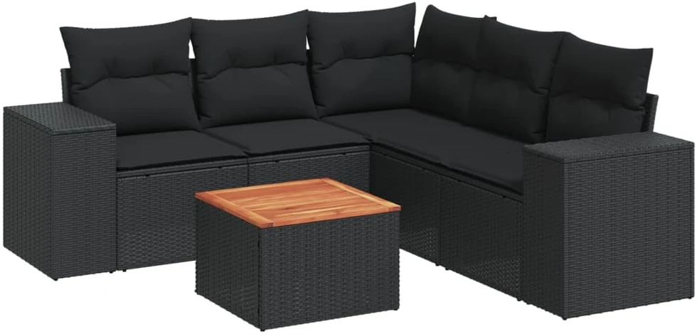 Sofa Sofos komplektas su pagalvėlėmis, 6 dalių, juodas, poliratanas