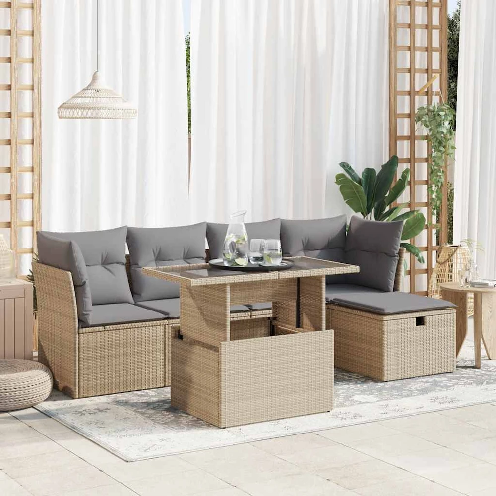 Sofa Sofos komplektas su pagalvėlėmis, 6 dalių, smėlio, poliratanas