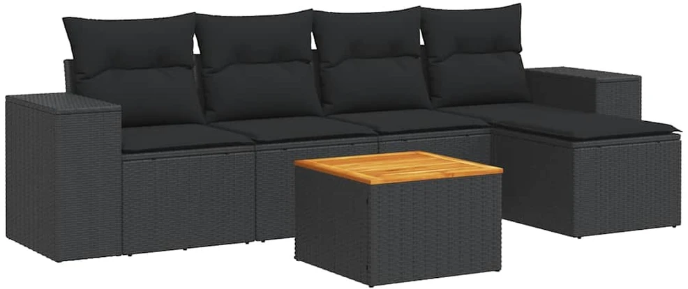 Sofa Sofos komplektas su pagalvėlėmis, 6 dalių, juodas, poliratanas