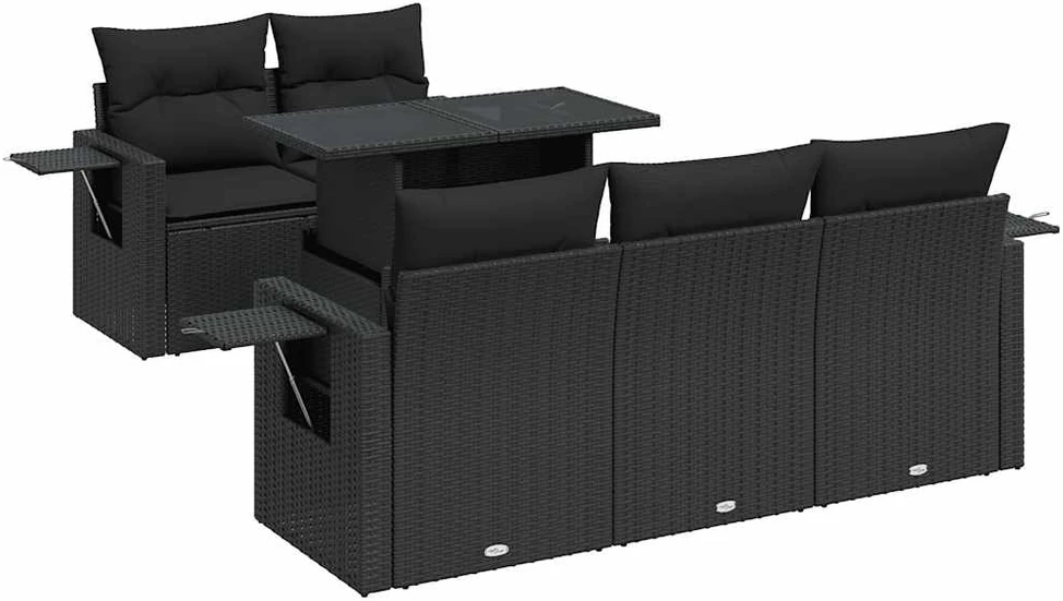 Lauko baldų komplektas Sofos komplektas su pagalvėlėmis, 6 dalių, juodas, poliratanas