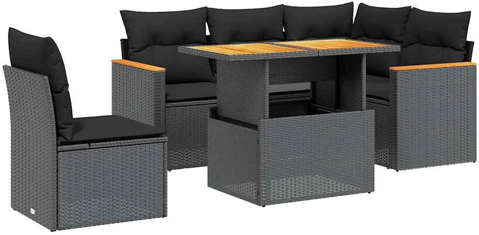 Lauko baldų komplektas Sofos komplektas su pagalvėlėmis, 6 dalių, juodas, poliratanas