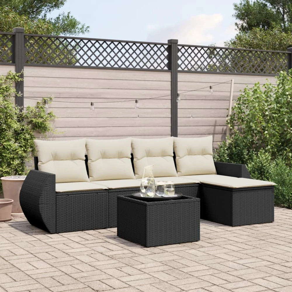 Lauko baldų komplektas Sofos komplektas su pagalvėlėmis, 6 dalių, juodas, poliratanas