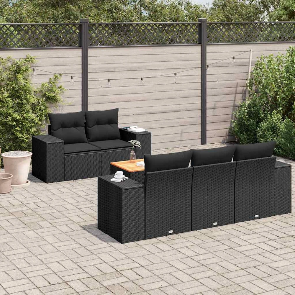 Sofa Sofos komplektas su pagalvėlėmis, 6 dalių, juodas, poliratanas