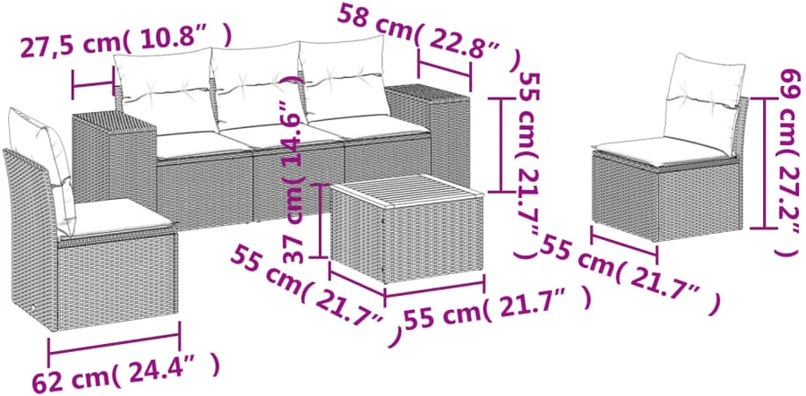 Sofa Sofos komplektas su pagalvėlėmis, 6 dalių, smėlio, poliratanas