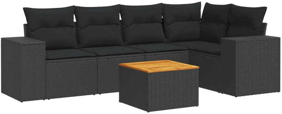 Sofa Sofos komplektas su pagalvėlėmis, 6 dalių, juodas, poliratanas