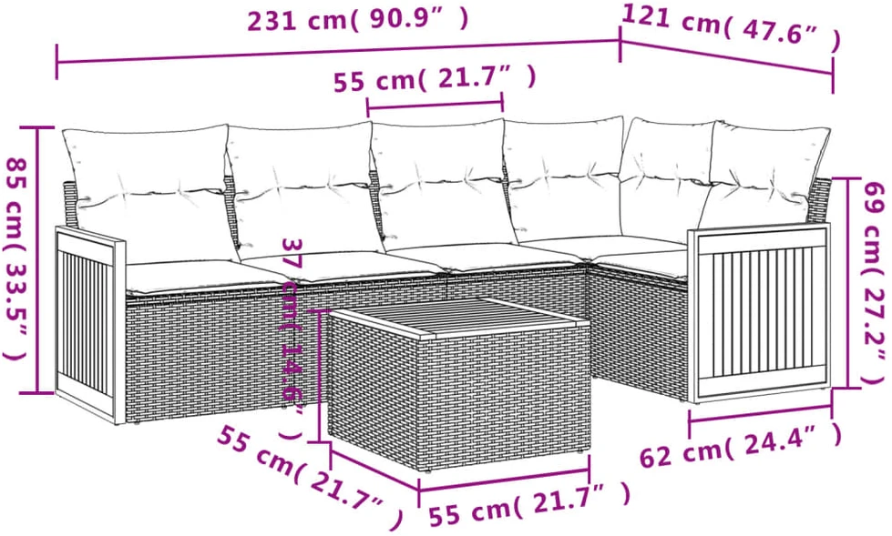 Sofa Sofos komplektas su pagalvėlėmis, 6 dalių, smėlio, poliratanas