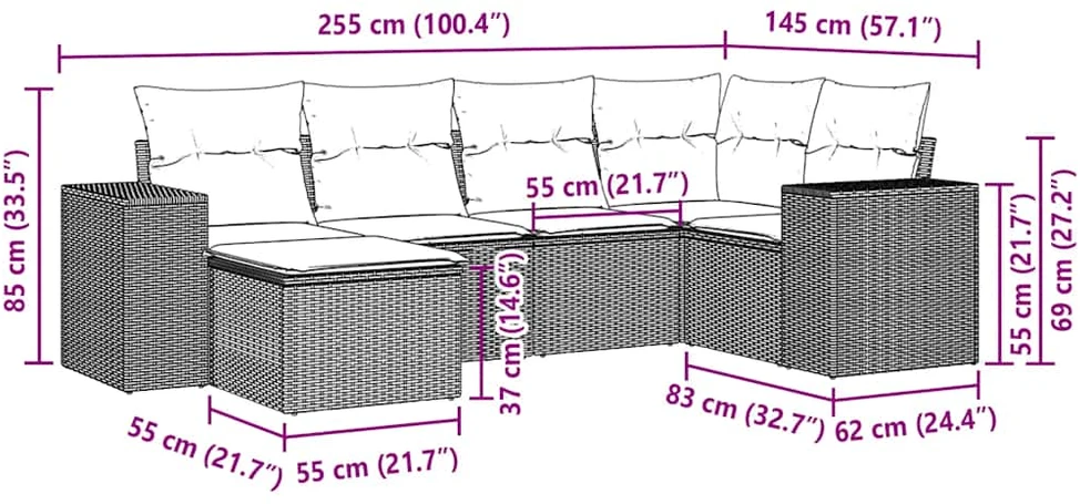 Sofa Sofos komplektas su pagalvėlėmis, 6 dalių, pilkas, poliratanas