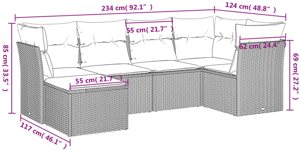 Lauko baldų komplektas Sofos komplektas su pagalvėlėmis, 6 dalių, juodas, poliratanas