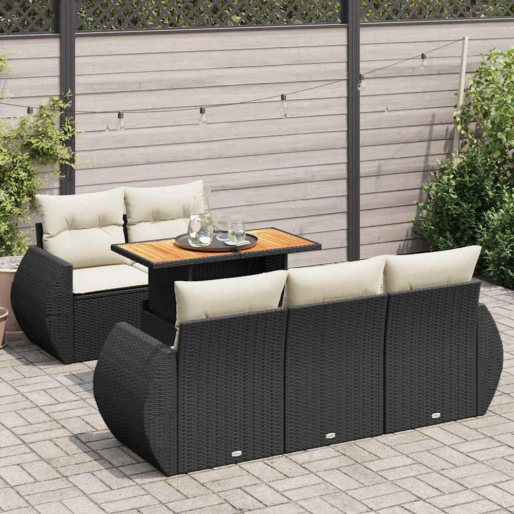 Sofa Sofos komplektas su pagalvėlėmis, 6 dalių, juodas, poliratanas