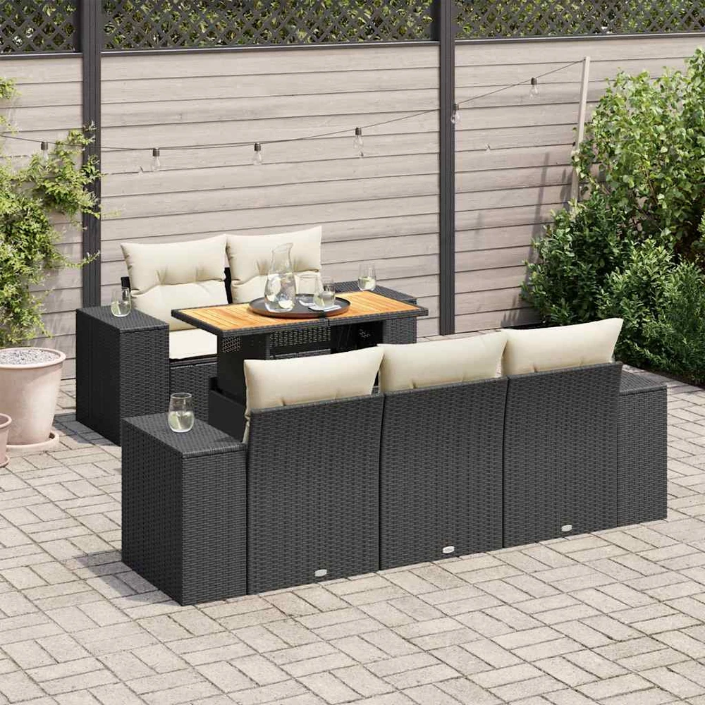 Sofa Sofos komplektas su pagalvėlėmis, 6 dalių, juodas, poliratanas