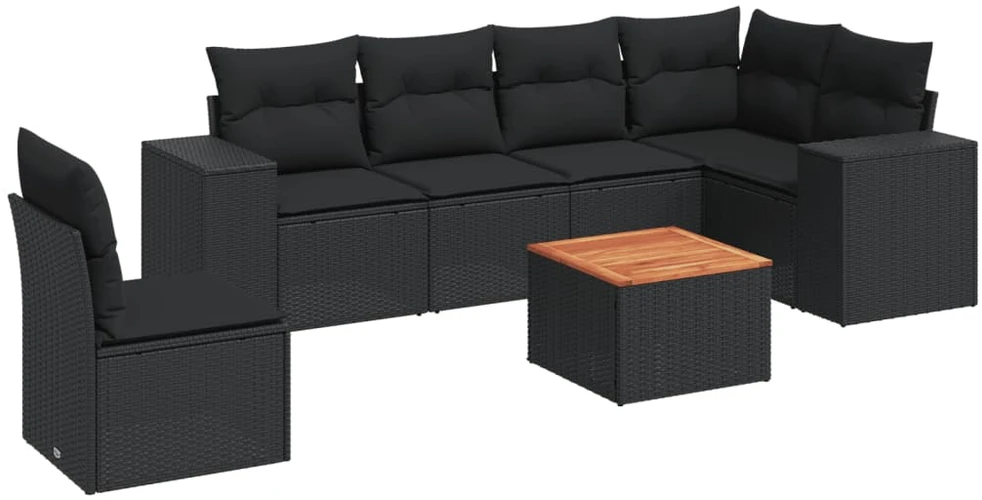 Sofa Sofos komplektas su pagalvėlėmis, 7 dalių, juodas, poliratanas