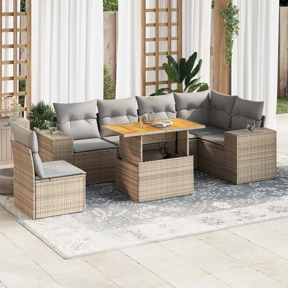 Sofa Sofos komplektas su pagalvėlėmis, 7 dalių, smėlio, poliratanas