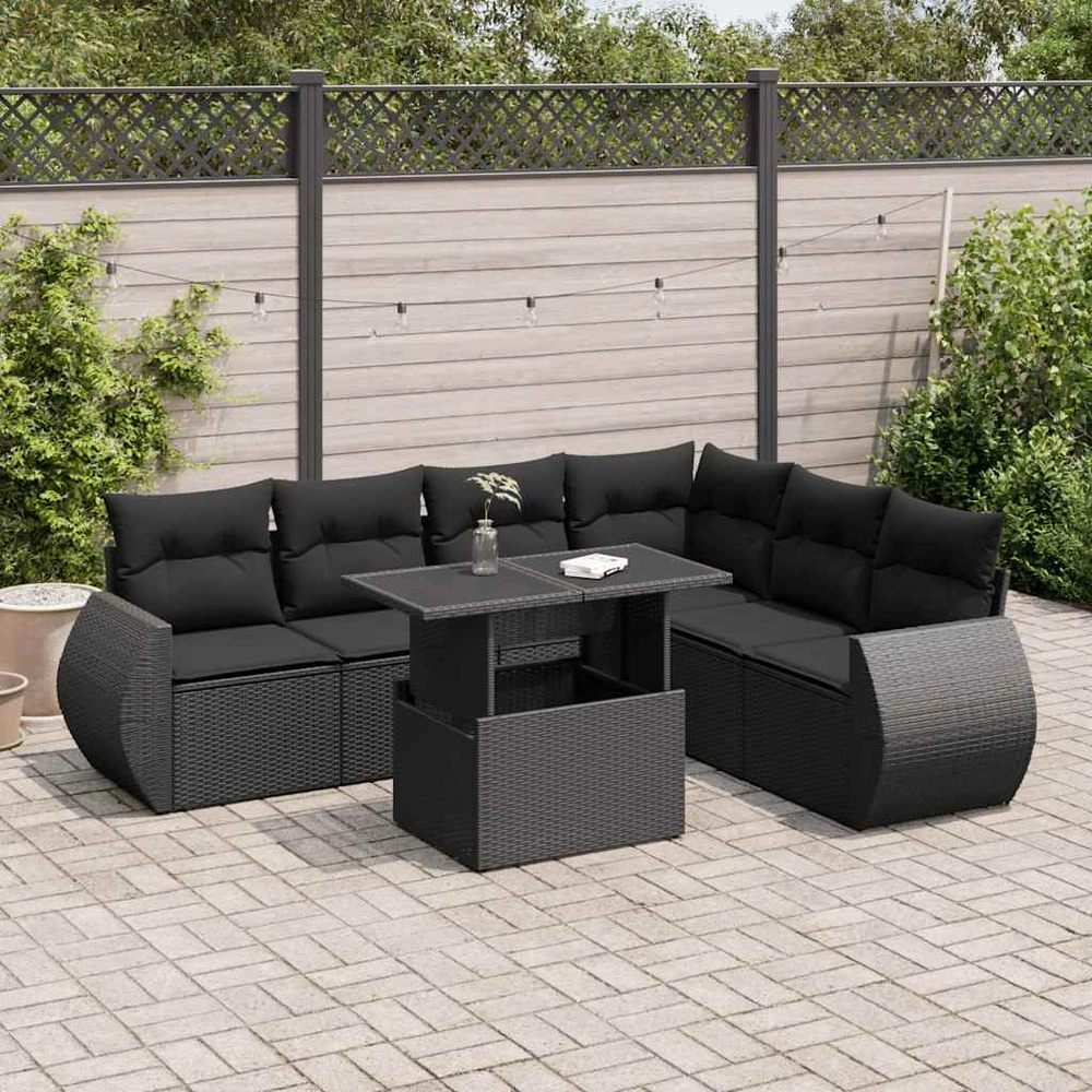 Lauko baldų komplektas Sofos komplektas su pagalvėlėmis, 7 dalių, juodas, poliratanas