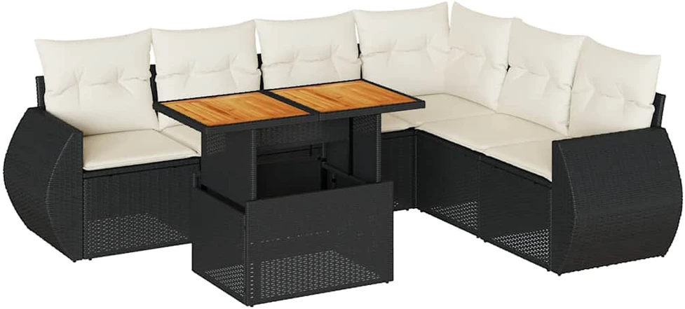 Sofa Sofos komplektas su pagalvėlėmis, 7 dalių, juodas, poliratanas