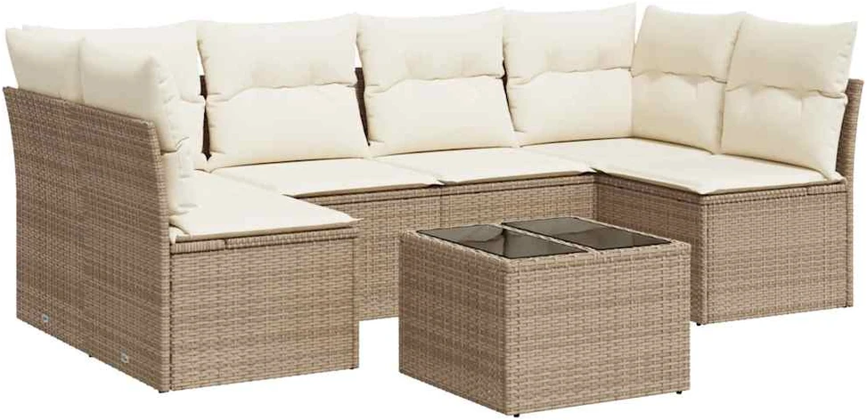 Sofa Sofos komplektas su pagalvėlėmis, 7 dalių, smėlio, poliratanas