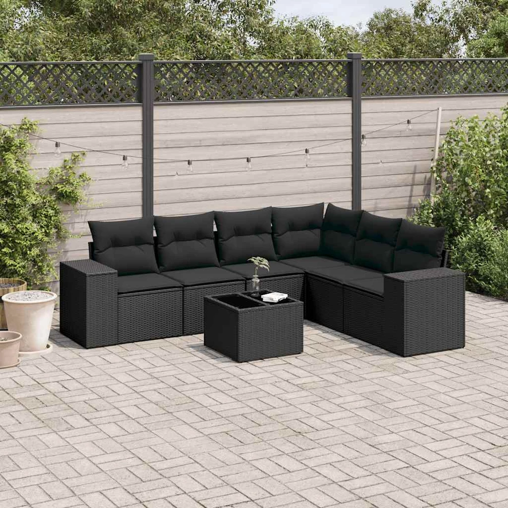 Sofa Sofos komplektas su pagalvėlėmis, 7 dalių, juodas, poliratanas