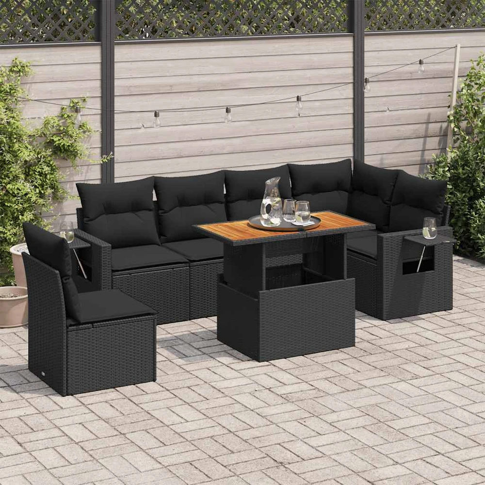 Sofa Sofos komplektas su pagalvėlėmis, 7 dalių, juodas, poliratanas