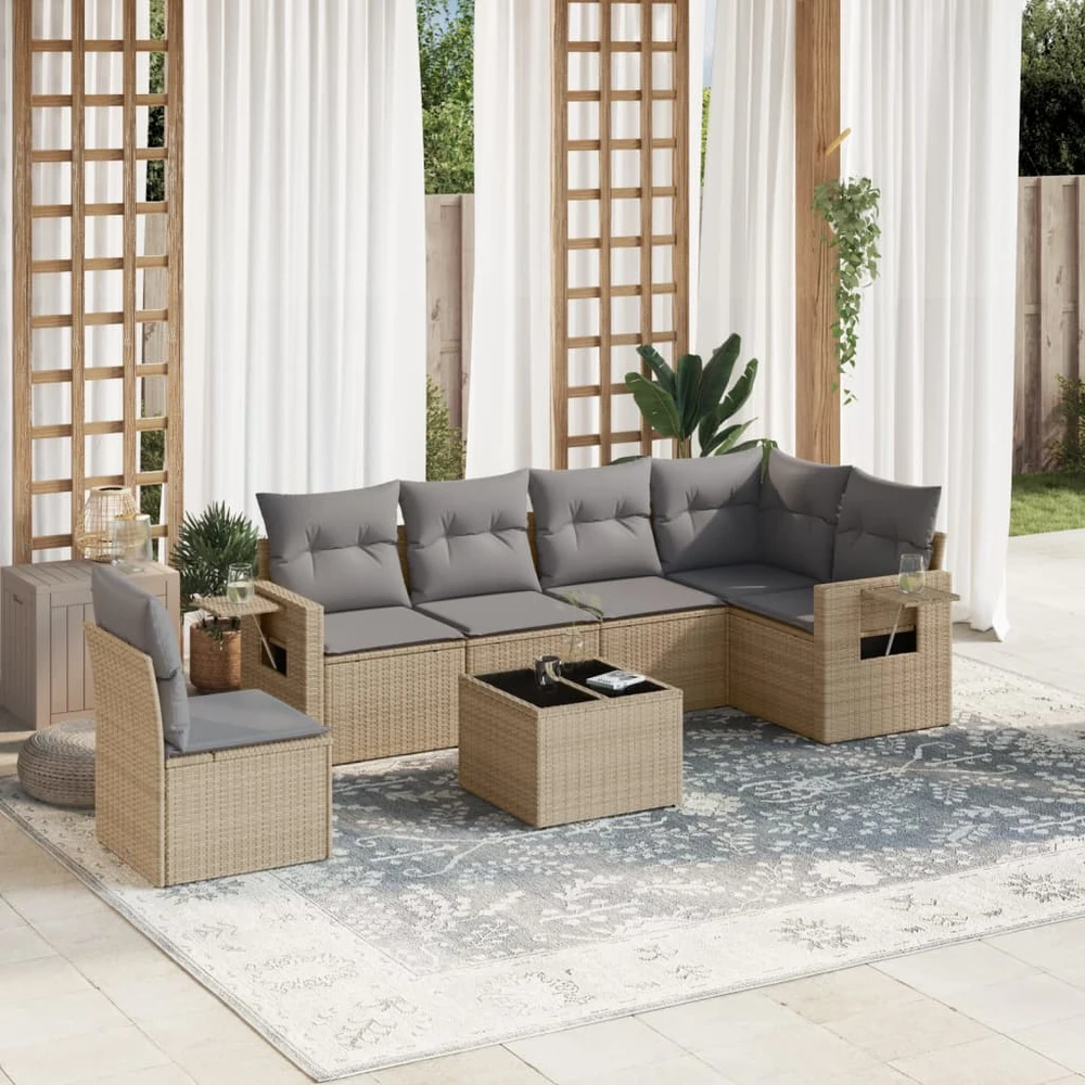 Sofa Sofos komplektas su pagalvėlėmis, 7 dalių, smėlio, poliratanas