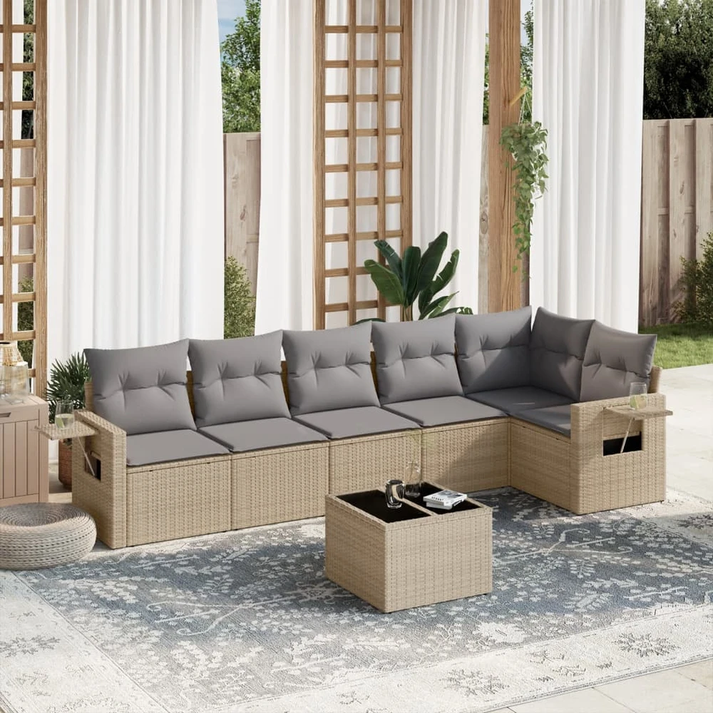 Sofa Sofos komplektas su pagalvėlėmis, 7 dalių, smėlio, poliratanas