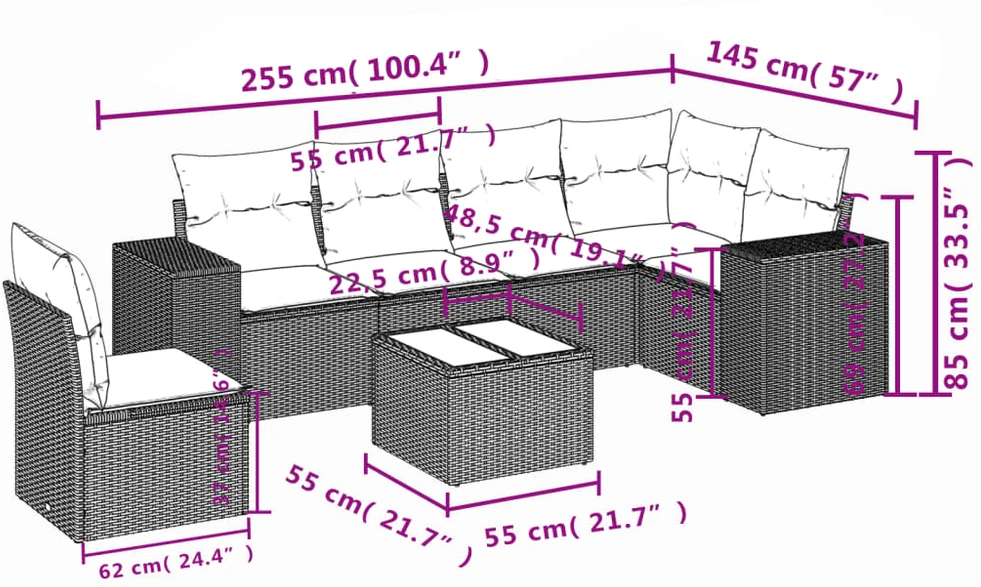 Sofa Sofos komplektas su pagalvėlėmis, 7 dalių, smėlio, poliratanas