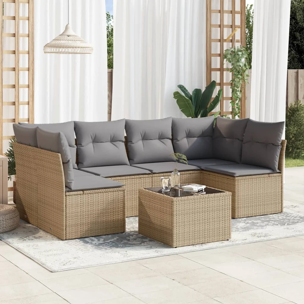 Sofa Sofos komplektas su pagalvėlėmis, 7 dalių, smėlio, poliratanas
