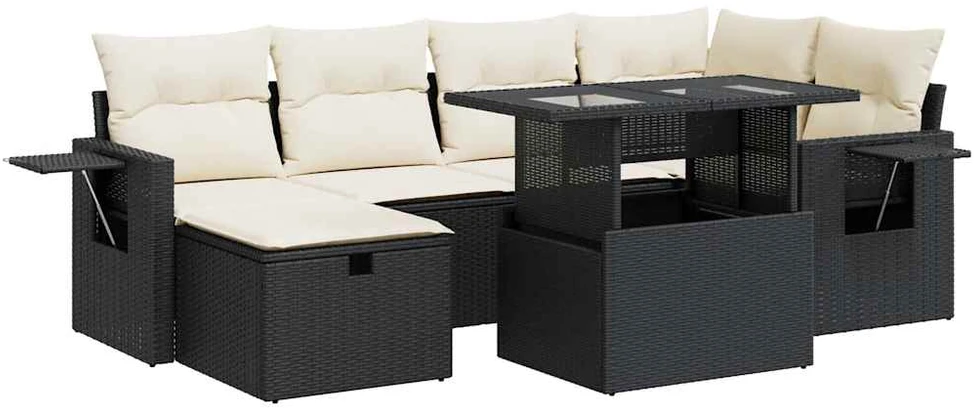 Sofa Sofos komplektas su pagalvėlėmis, 7 dalių, juodas, poliratanas