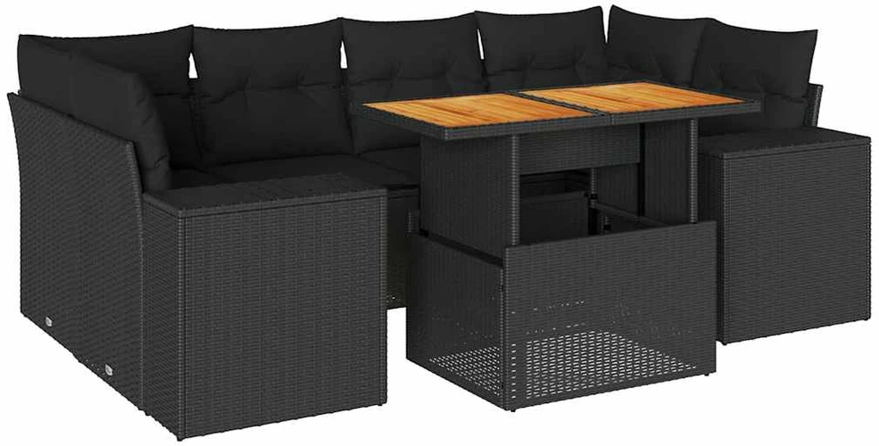 Sofa Sofos komplektas su pagalvėlėmis, 7 dalių, juodas, poliratanas