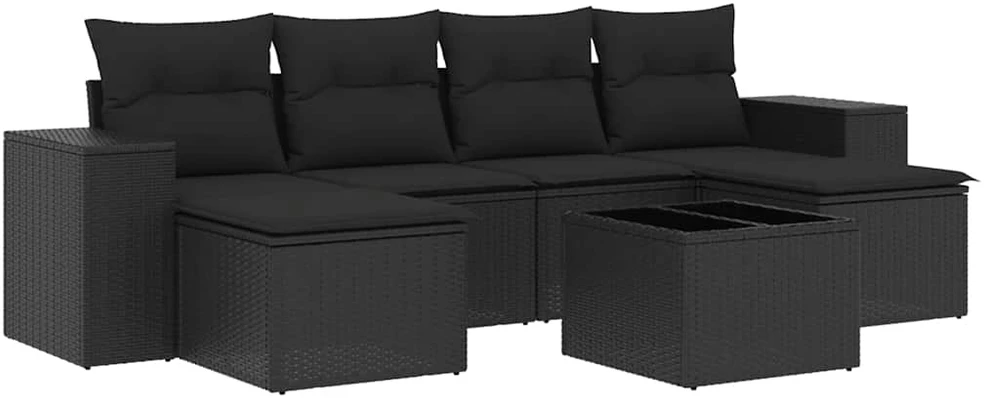 Sofa Sofos komplektas su pagalvėlėmis, 7 dalių, juodas, poliratanas