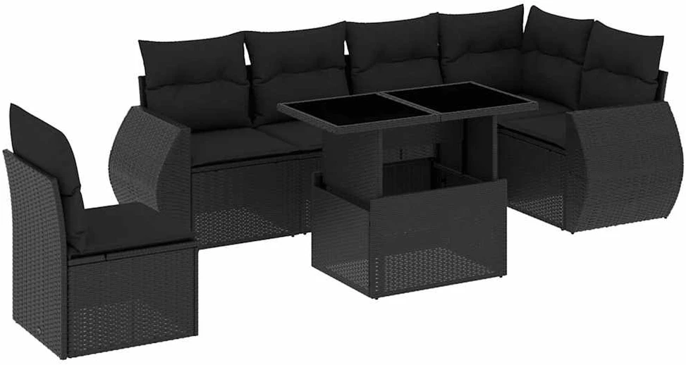 Lauko baldų komplektas Sofos komplektas su pagalvėlėmis, 7 dalių, juodas, poliratanas