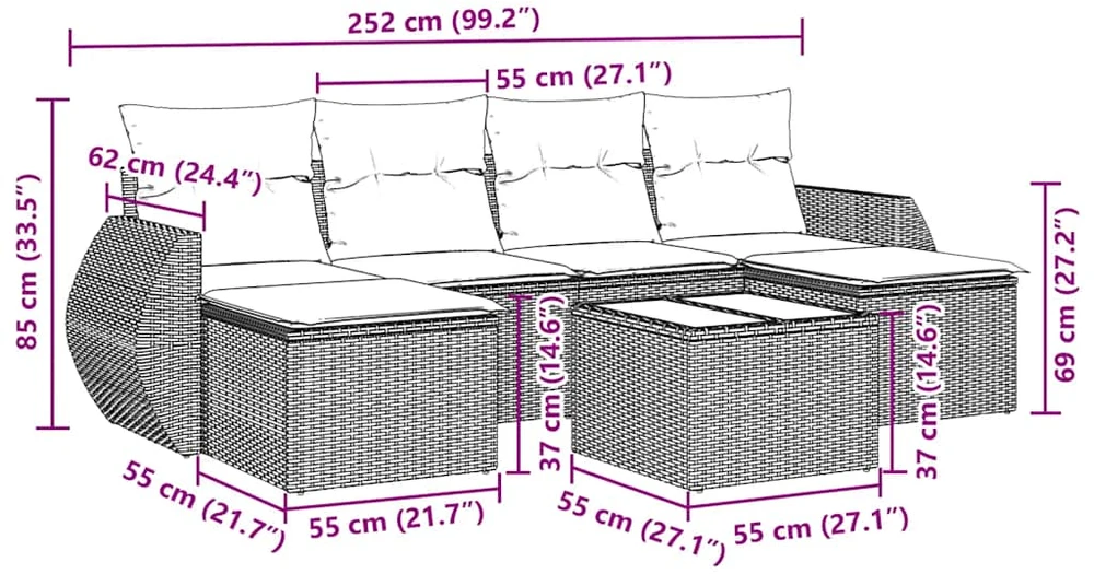 Lauko baldų komplektas Sofos komplektas su pagalvėlėmis, 7 dalių, juodas, poliratanas