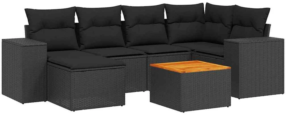 Sofa Sofos komplektas su pagalvėlėmis, 7 dalių, juodas, poliratanas