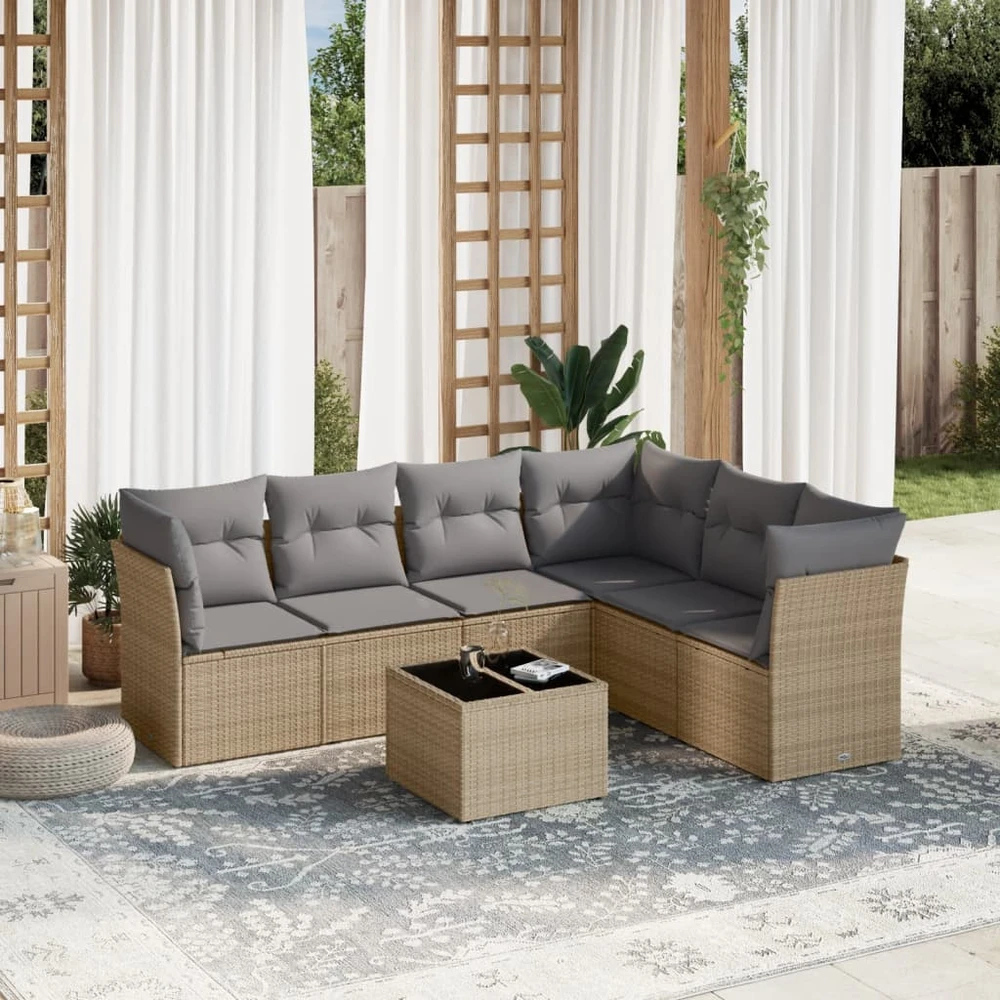 Sofa Sofos komplektas su pagalvėlėmis, 7 dalių, smėlio, poliratanas