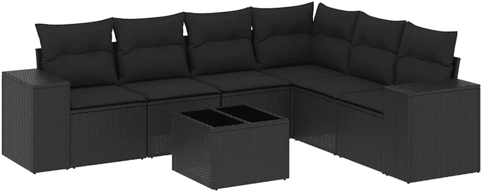 Sofa Sofos komplektas su pagalvėlėmis, 7 dalių, juodas, poliratanas