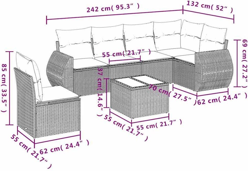 Sofa Sofos komplektas su pagalvėlėmis, 7 dalių, smėlio, poliratanas