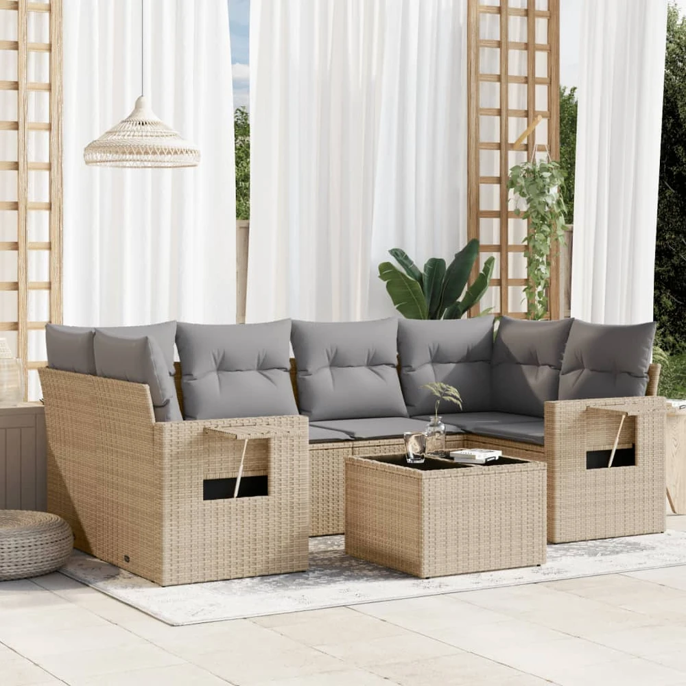 Sofa Sofos komplektas su pagalvėlėmis, 7 dalių, smėlio, poliratanas
