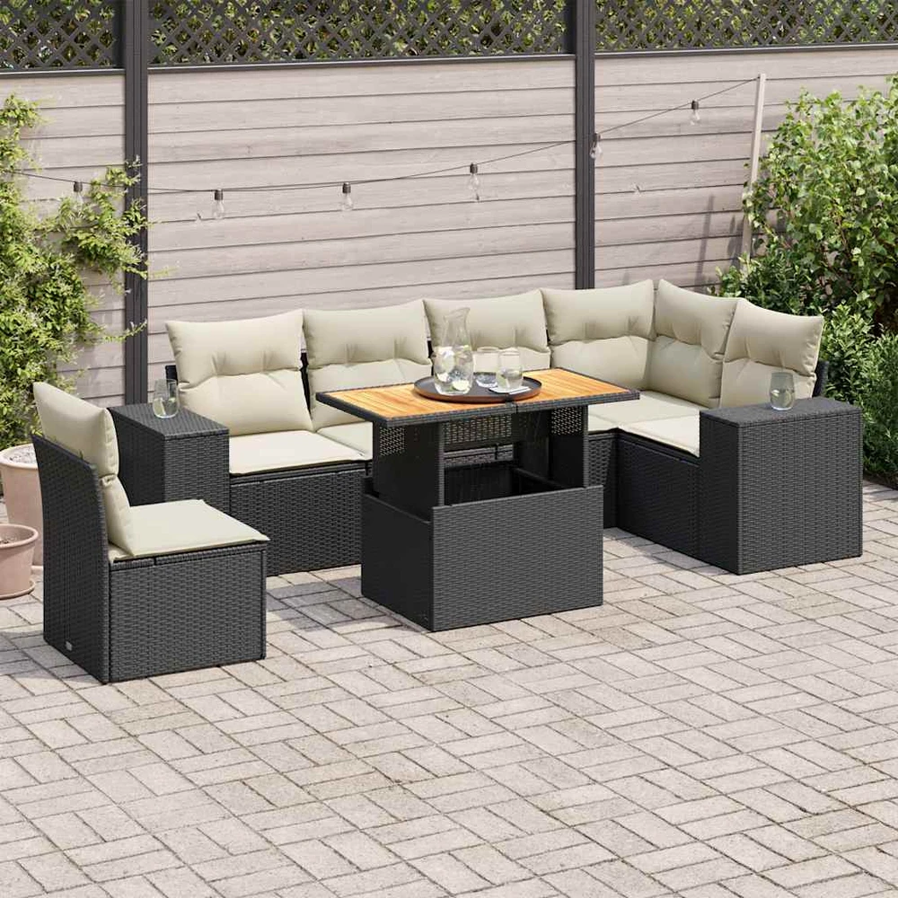 Sofa Sofos komplektas su pagalvėlėmis, 7 dalių, juodas, poliratanas