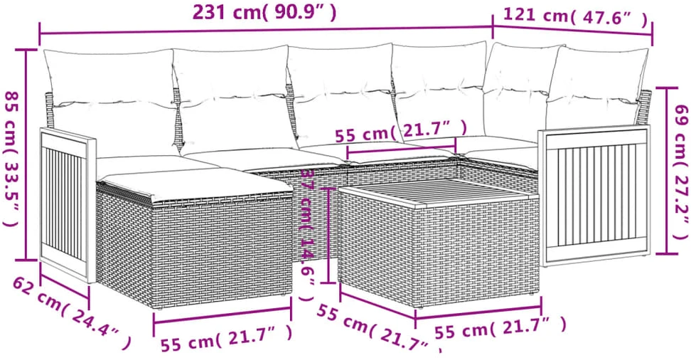 Sofa Sofos komplektas su pagalvėlėmis, 7 dalių, smėlio, poliratanas