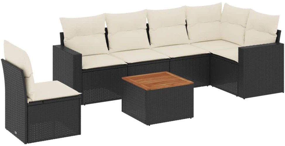 Lauko baldų komplektas Sofos komplektas su pagalvėlėmis, 7 dalių, juodas, poliratanas