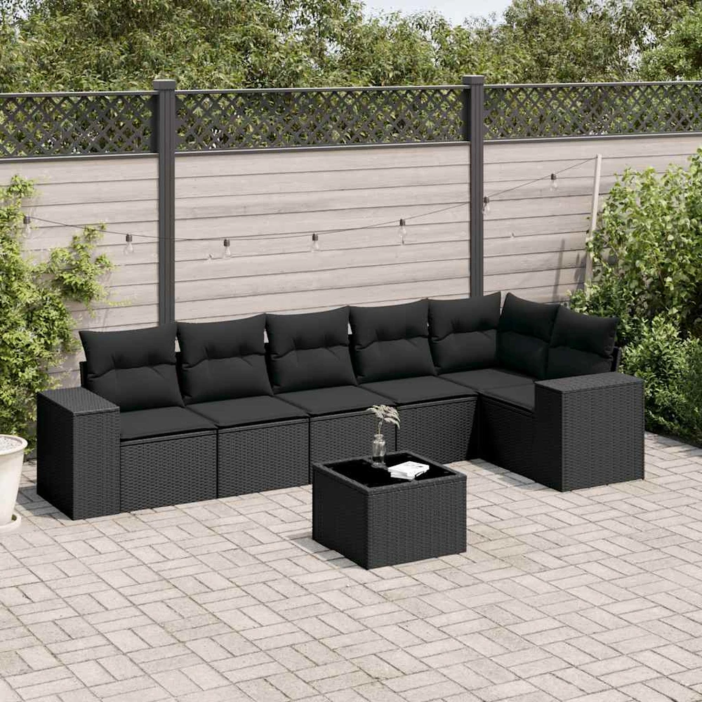 Sofa Sofos komplektas su pagalvėlėmis, 7 dalių, juodas, poliratanas