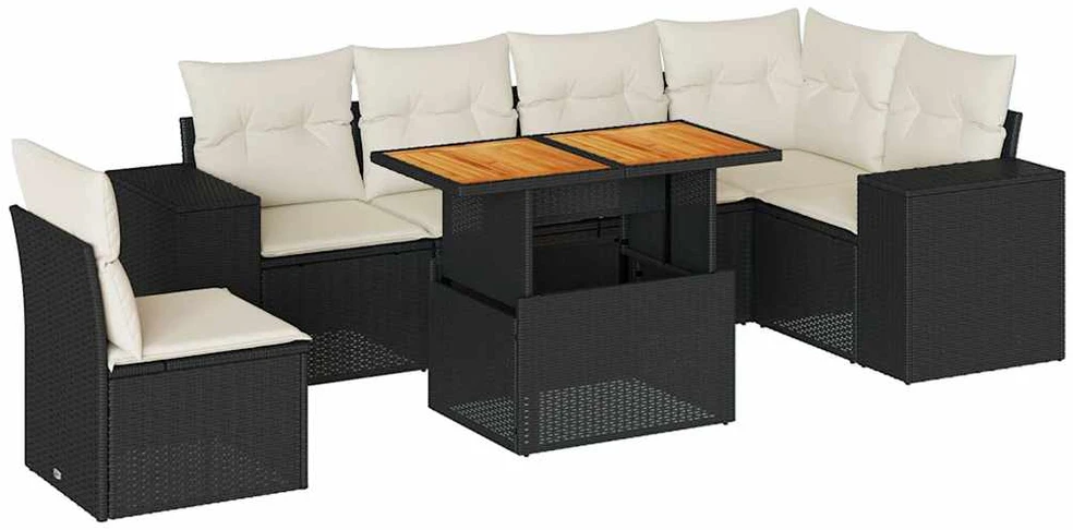 Sofa Sofos komplektas su pagalvėlėmis, 7 dalių, juodas, poliratanas