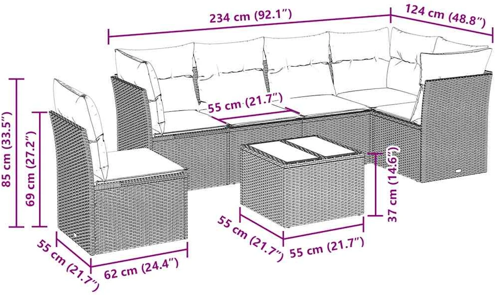 Lauko baldų komplektas Sofos komplektas su pagalvėlėmis, 7 dalių, juodas, poliratanas