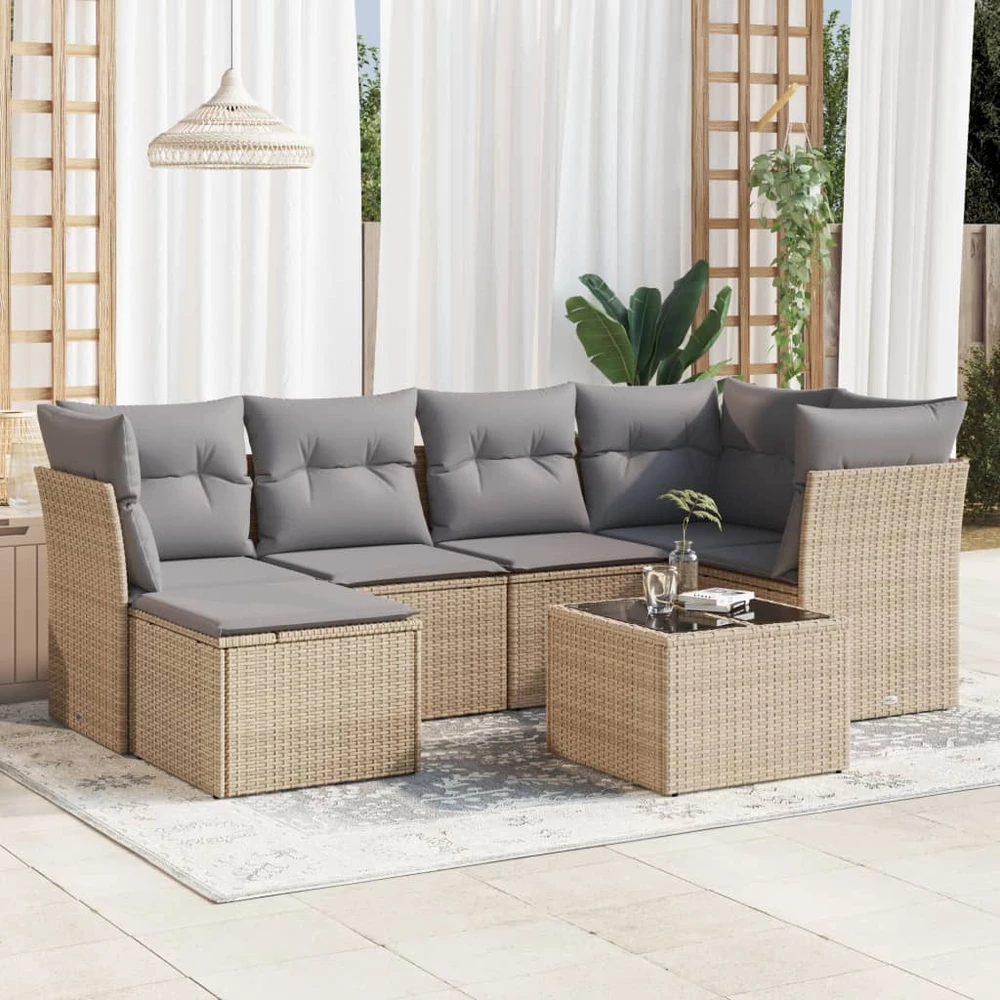 Sofa Sofos komplektas su pagalvėlėmis, 7 dalių, smėlio, poliratanas