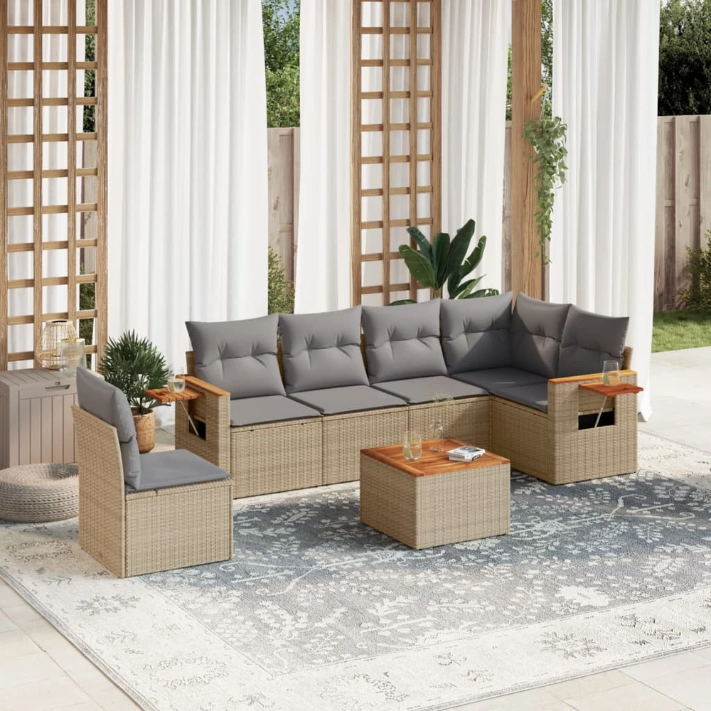 Sofa Sofos komplektas su pagalvėlėmis, 7 dalių, smėlio, poliratanas