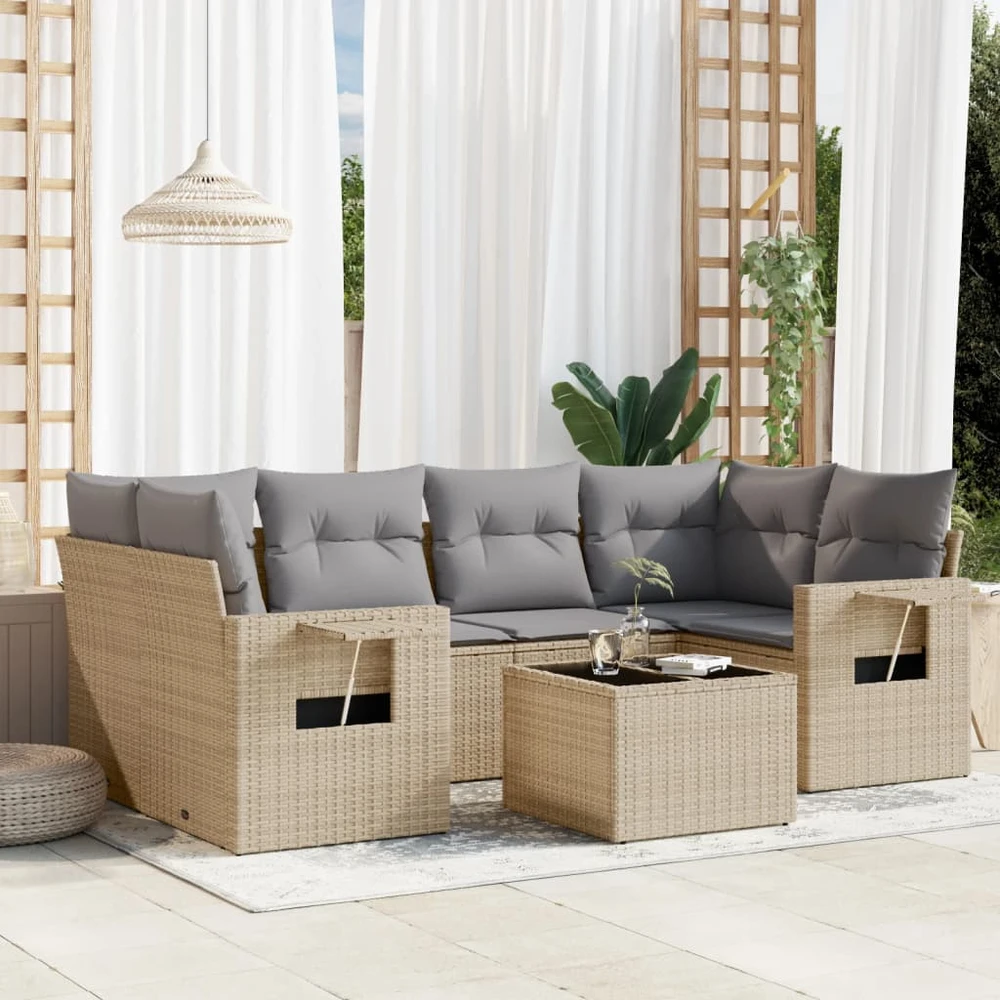 Sofa Sofos komplektas su pagalvėlėmis, 7 dalių, smėlio, poliratanas